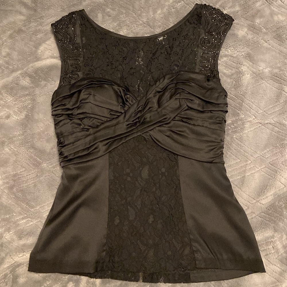2010 Bebe silk Ellie lace pltd bust top individually; lace & hand embellished